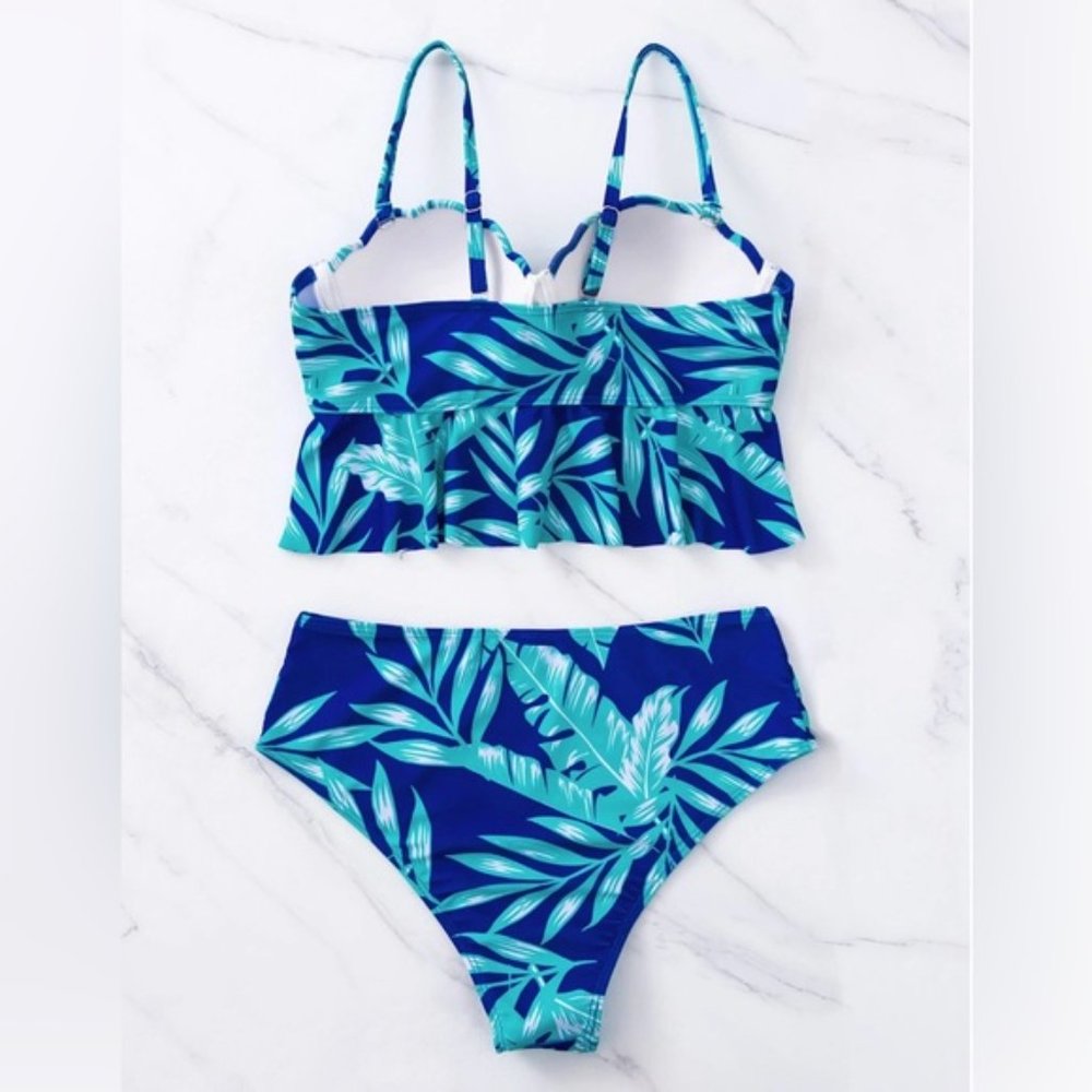 Tropical Print Ruffle Hem Push Up Bikini Swimsuit - Picture 6 of 7